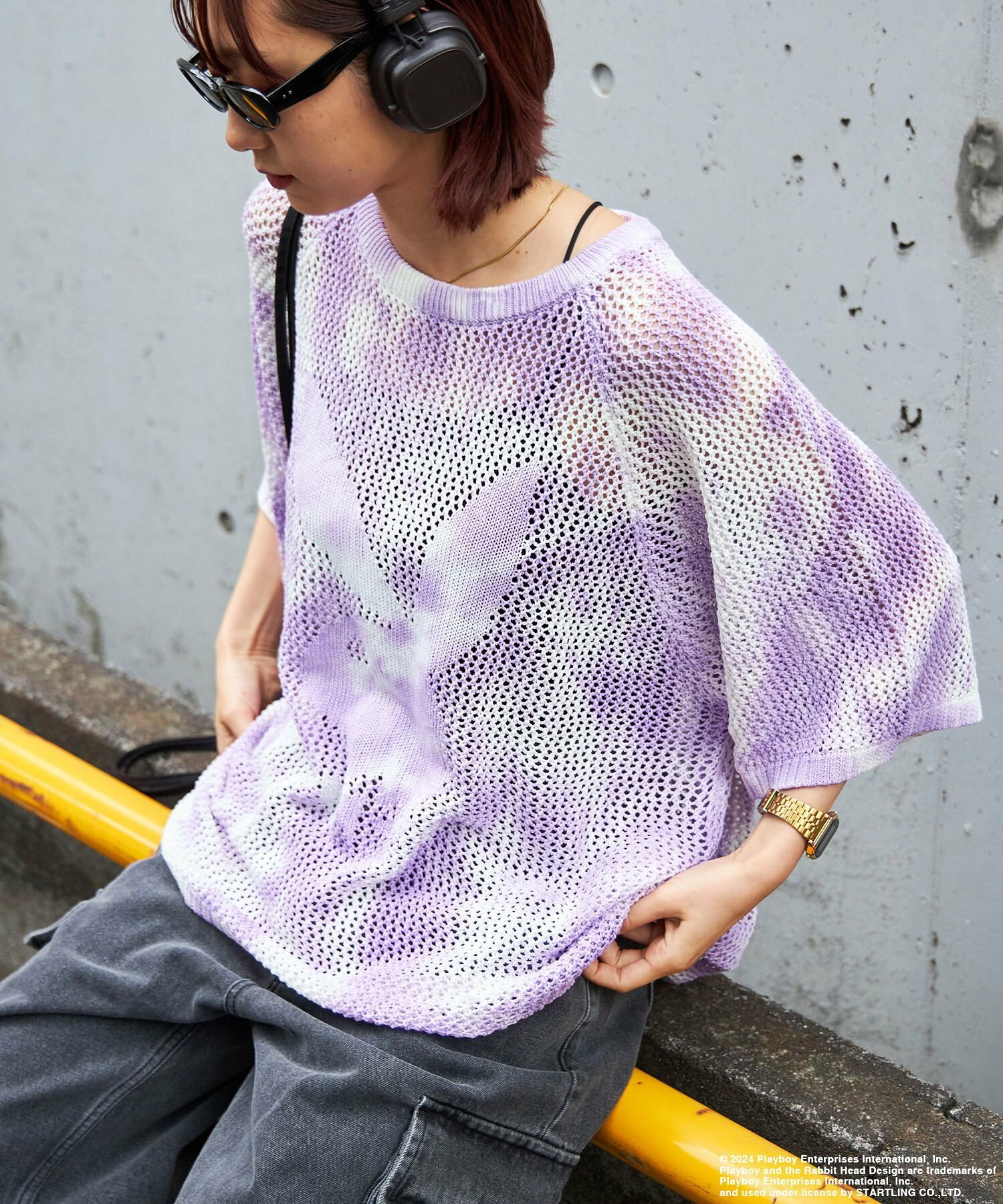 【SEQUENZ】PBHC TIE-DYE KNIT S/S TEE / 半袖 PLAYBOY*SEQUENZ メッシュ ブランドロゴ ビックサイズ バニー